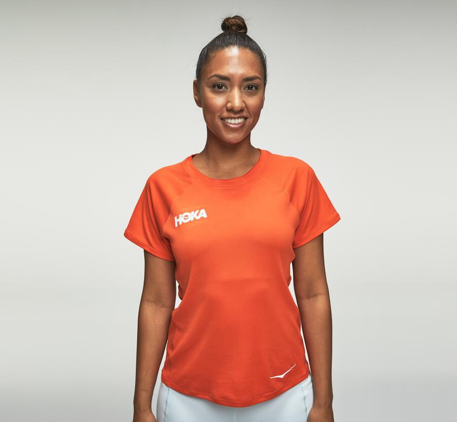 Hoka One One Performance Short Sleeve - Women Tops - Orange,Australia UBC-498706